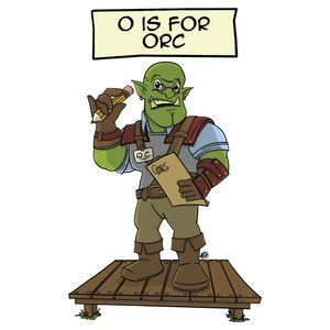 A bespectacled, green-skinned Orc in a grey work apron and leather pauldrons, wearing a Q.C. badge and standing on a wooden plank platform with a clipboard in one hand while thoughtfully tapping a pencil against his temple.