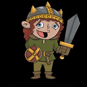 Rory the Little Fighter, standing ready with a sword and shield.