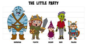 A character lineup titled The Little Party, showing five heroes against a height chart: a big blue striped Barbarian, the Fighter in a horned helmet with a sword and shield, a tiny Wizard in a purple pointed hat, a tall green Bard with purple hair and a guitar, and a red panda Paladin in samurai armour.