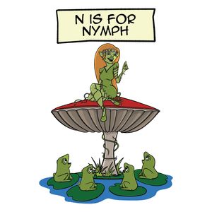 A cheerful, green-haired Nymph woven from flower vines sitting by a sparkling woodland stream, trying to teach a group of frogs how to sing in harmony.