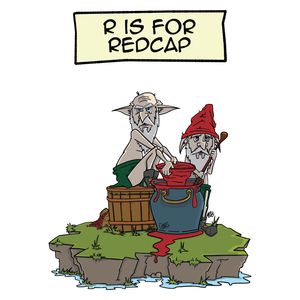 Two grumpy goblins with long white beards, pointy ears and heavy iron boots on a little grassy island. One dunks a cap into a pot of red berry juice while the other, wearing a pointy red hat, stirs with a wooden spoon. A sack of berries spills beside a wooden tub.