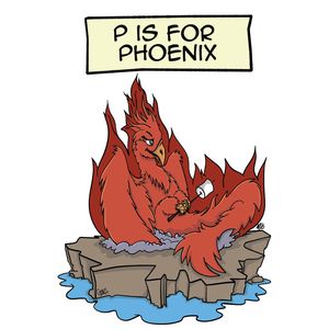 A bright, glowing red firebird sitting contentedly in a pile of cozy grey ash, holding a tiny marshmallow on a stick over its own fiery tail plumes.