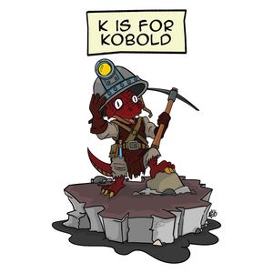 A tiny, scaly Kobold wearing an oversized mining helmet, proudly holding a pickaxe.