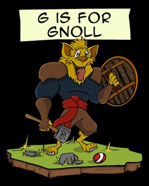 A scruffy, laughing Gnoll proudly showing off a set of gear.