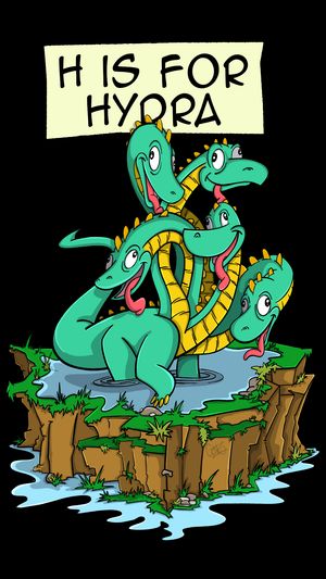 A large, slightly confused water serpent with five heads, each attempting to look in a completely different direction.