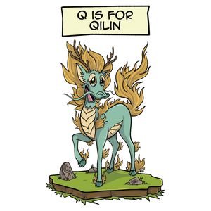 A friendly turquoise Qilin with a deer-like face, long whiskers, branching antlers and a flowing golden mane, lifting one hoof daintily as it steps across a small patch of grass.