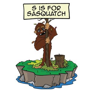 A shaggy brown Sasquatch with big blue eyes and a gap-toothed grin peeks around a skinny tree it is hugging, on a little grassy island. Autumn leaves are stuck in its fur, its big bare feet poke out of the bushes, and a tree stump stands beside it.