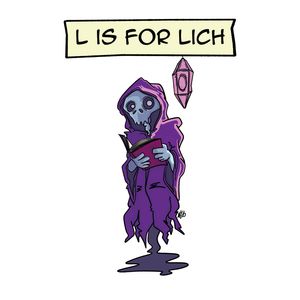 A skeletal Lich wearing dusty wizard robes, using a glowing magical phylactery as a light while reading.