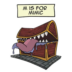 A wooden treasure chest that has sprouted a row of teeth and a long purple tongue, happily drooling all over the place.