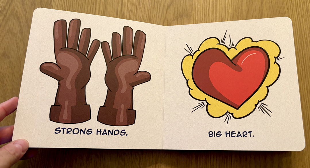 A spread from Little Fighter: A LilRPG Adventure reading 'Strong hands, big heart,' showing a pair of gauntleted fists beside a glowing heart.