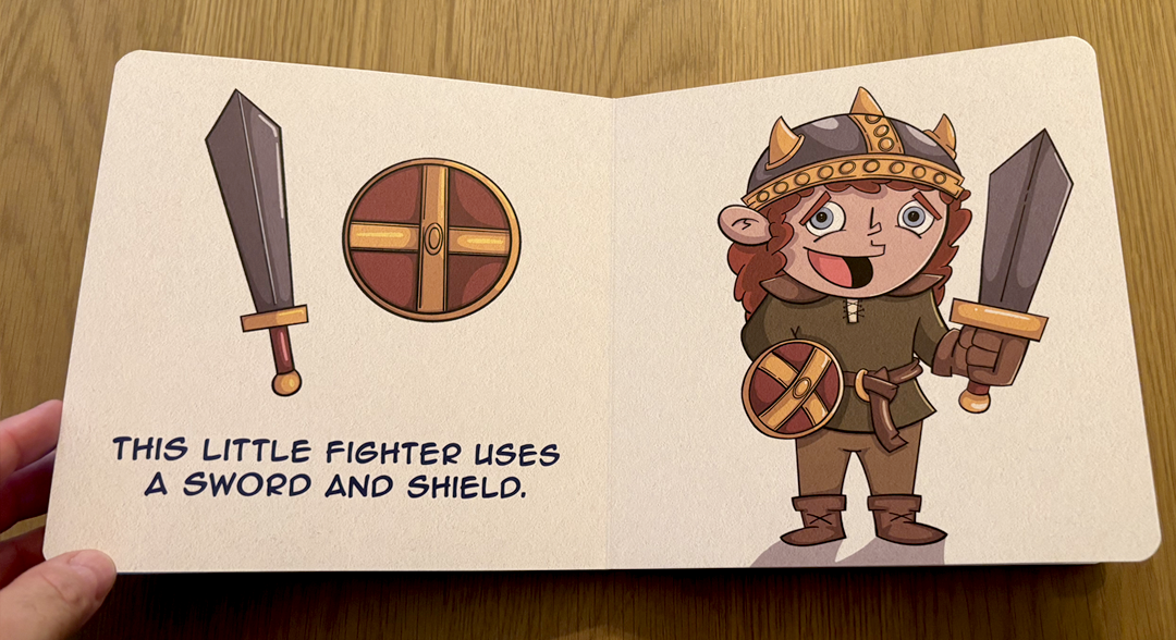 A spread from Little Fighter: A LilRPG Adventure reading 'This little fighter uses a sword and shield,' showing a sword and shield icon beside the little fighter holding them.