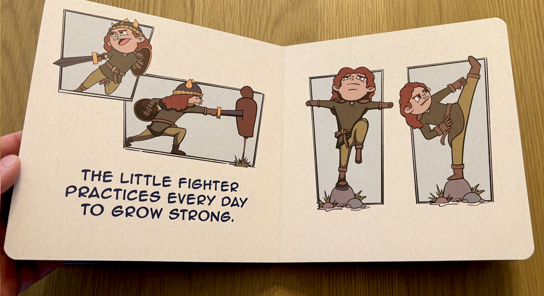 A spread from Little Fighter: A LilRPG Adventure reading 'The little fighter practices every day to grow strong,' showing the fighter training with a sword and stretching.