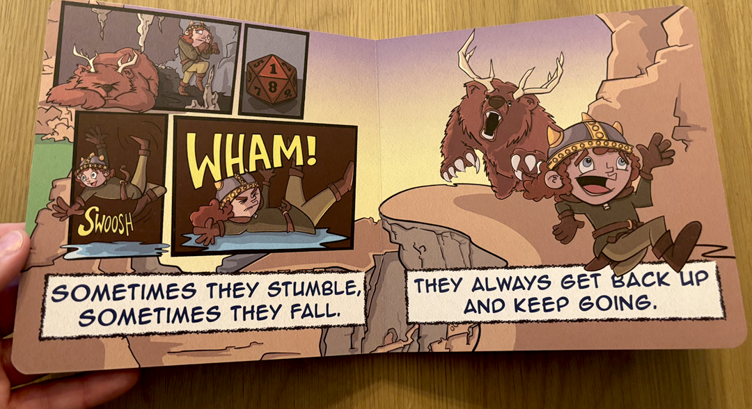 A comic-panel spread from Little Fighter: A LilRPG Adventure where the little fighter takes a tumble against a large, antlered bear, with a d20 tucked in the corner and the line 'Sometimes they stumble, sometimes they fall. They always get back up and keep going.'