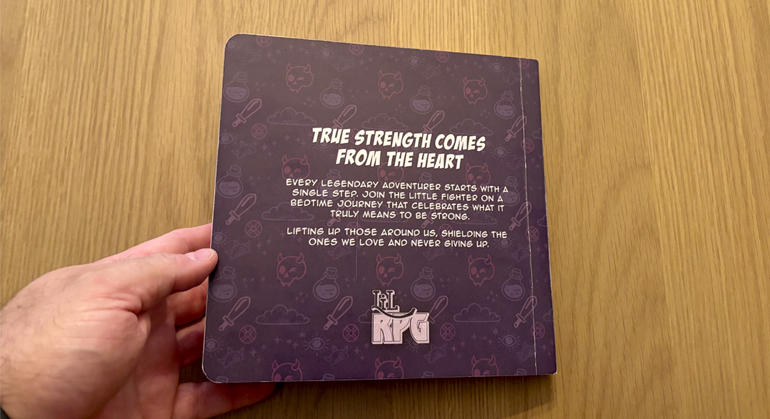 The endpapers of Little Fighter: A LilRPG Adventure, featuring a softer version of the cover's repeating pattern of skulls, potions, and swords.