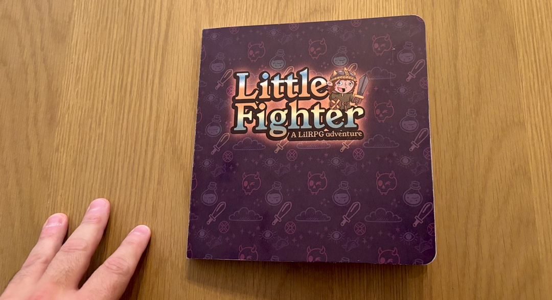 The cover of Little Fighter: A LilRPG Adventure, featuring a bold, deep plum background with a repeating pattern of skulls, potions, and swords. The title is embossed in a bold, glowing font.