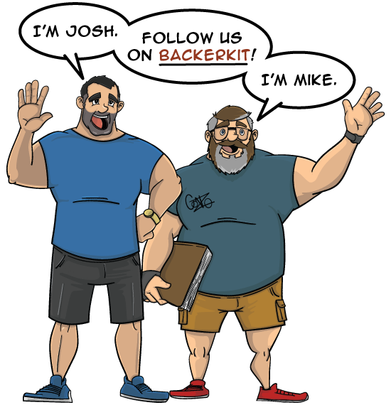 Mike and Josh smiling in a fantasy-inspired hero pose with hover highlight