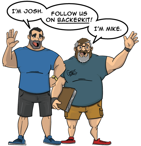 Mike and Josh smiling in a fantasy-inspired hero pose